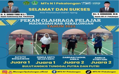 Empat Peserta Didik MTs Negeri 1 Pekalongan Raih Juara dalam Ajang POP Madrasah 2024 Cabang Olahraga Bulu Tangkis